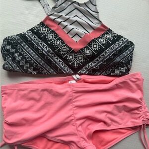 Geometric Black & White Bikini Top with Coral-Pink Swim Shorts